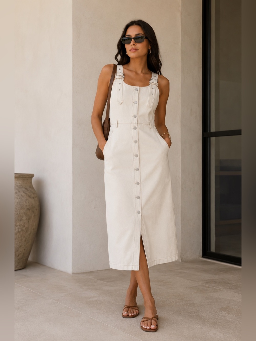Blogger favorite Cream Denim Button-Front Midi Dress 100% Cotton, Buckle Strap